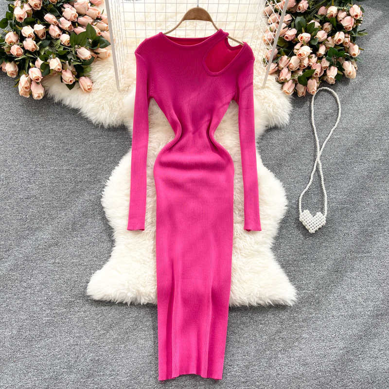 Casual jurken breien met lange mouwen uit holte uit sexy dames maxi jurk elegant chic bodycon mode geribbelde massief zwart gewaad pullover vestidos y2302