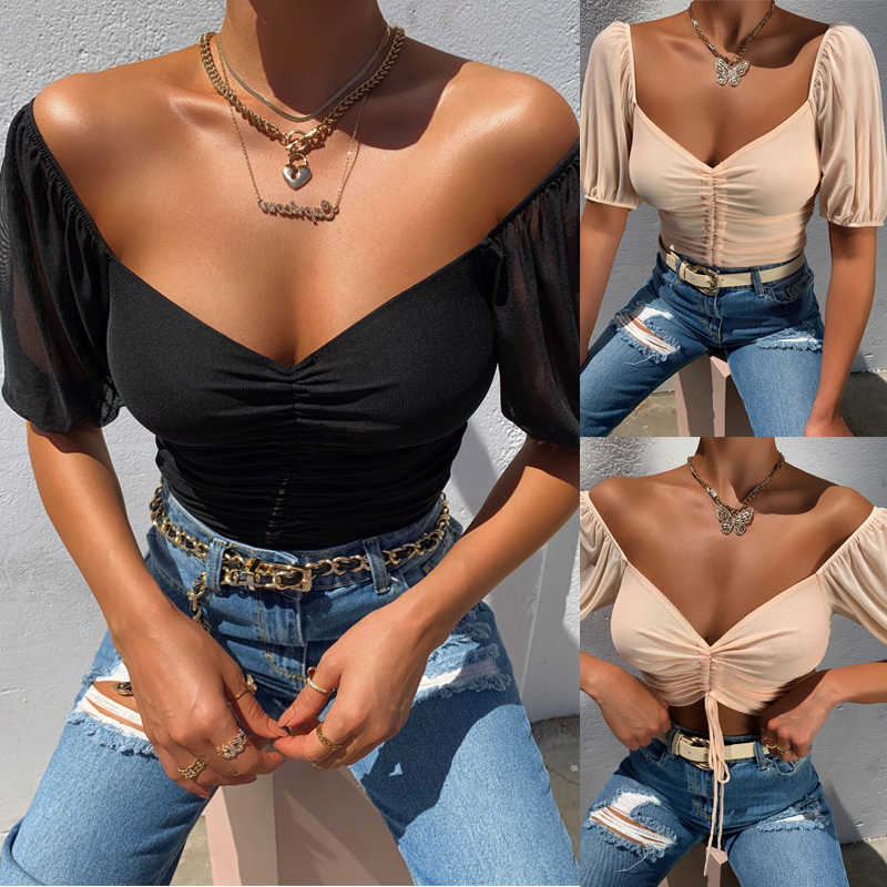 T-shirt Femme Femmes Sexy Crop Tops À Manches Courtes Hors Épaule Cordon Ruché Chemises Avant Vêtements Pour Femmes Été Femme Blouses Hot Y2302