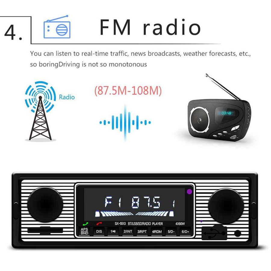 단일 Din Bluetooth 라디오 자동차 스테레오 오디오 빈티지 무선 무선 MP3 멀티미디어 플레이어 AUX USB FM 12V 클래식 스테레오 오디오 플레이어 5513
