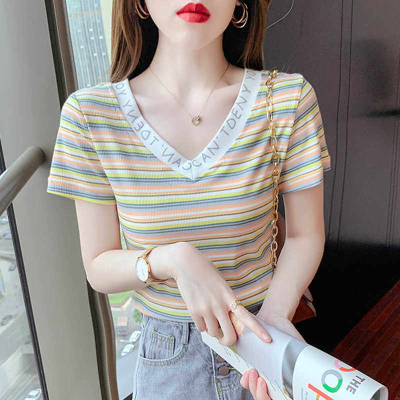 Women's T-Shirt Summer New Rainbow Stripe Short Sleeve T-shirt Women Korean V-neck Top Womens Blouses Tops Slim Sexy Y2302