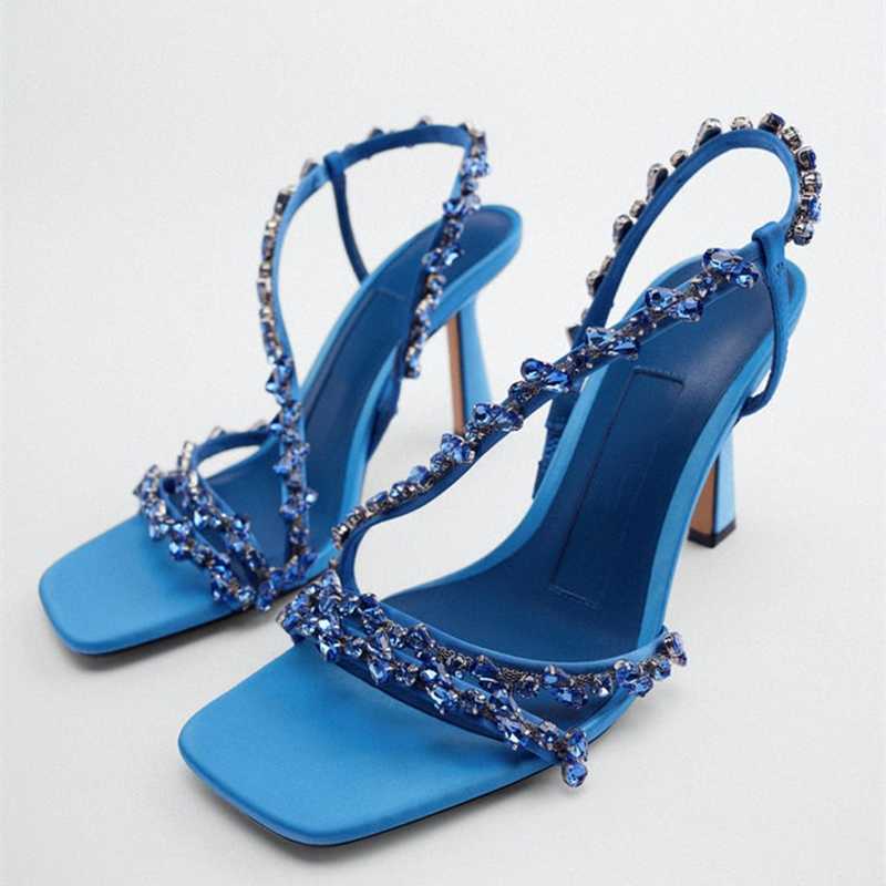 Sandales TRAF Femmes Perlé Sangle À Talons Sandale Été 2022 Vert Hdiamond Pompes De Luxe De Mariage À Talons Hauts Chaussure Sexy Bleu Slingback Talons T230208