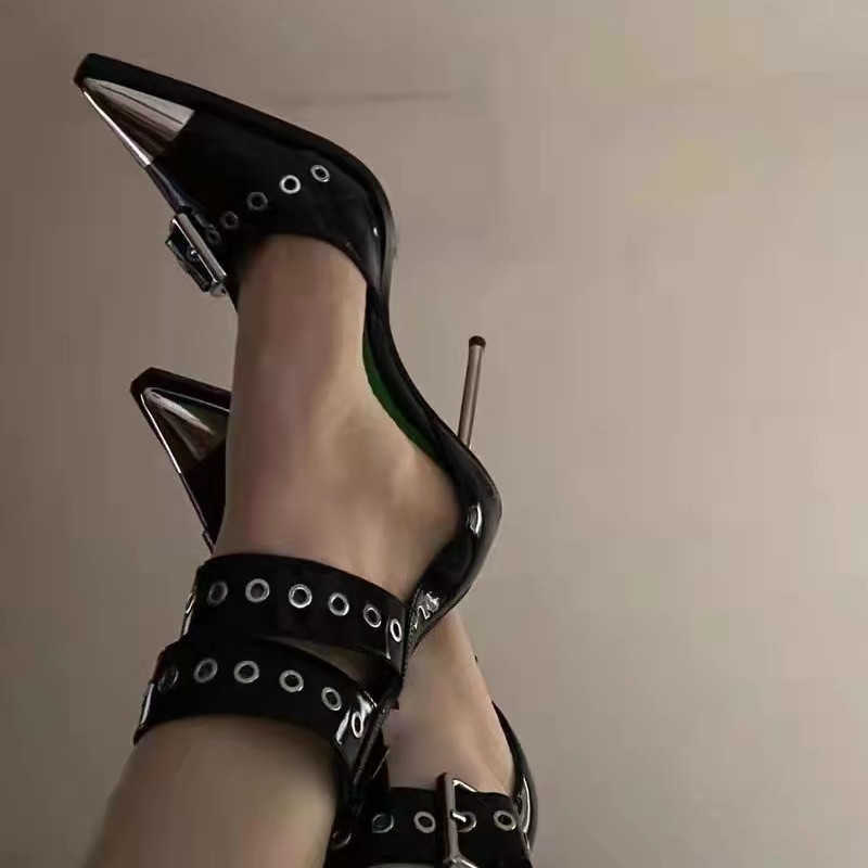 Sandals Metal Pointed Toe Women Pumps Punk Style High Heels Sexy Ankle Straps Summer Gladiator Sandals Black Dress Shoes Woman Stiletto T230208