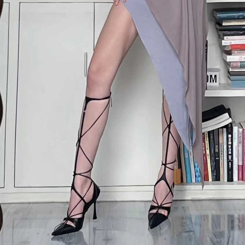 Сандалии 2023 Новые сексуальные женщины-гладиаторские сандалии высокие каблуки для выпускной туфли Женщина летние ботинки заостренные для шнурки для шнуров