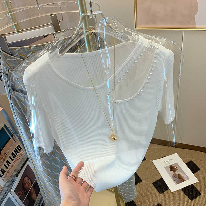 Kadın T-shirt Fransızca özenle maruz kalan köprücük kemiği üst yaz tasarım algısı niş saf arzu açıklık kısa kollu tişört y2k üstler y2302