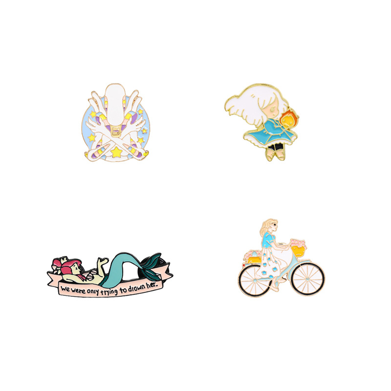 INS Cartoon Little Girl Brooches Set 4pcs Gold Plated Mermaid Enamel Badges Bike Lapel Pin Fashion Kawaii Accessories