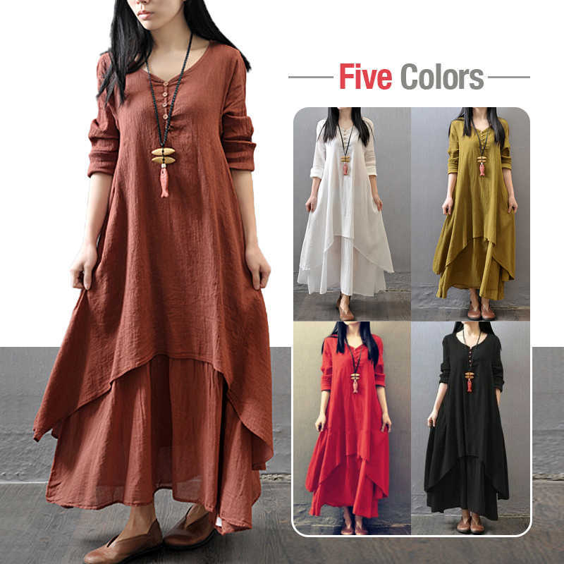 Robes décontractées Été Femmes Boho Coton Lin Vintage Kaftan Lâche Gypsy Maxi Faux Deux Pièces Littéraire Irrégulière Grande Robe Swing Y2302