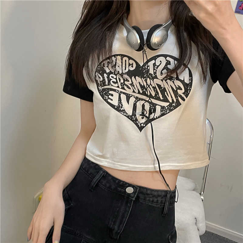 Camiseta de mujer Mujer Y2k Crop Top Verano Sexy Manga corta Estampado de letras Recortada Estética Grunge Harajuku Vintage Coreano Ropa gótica Y2302