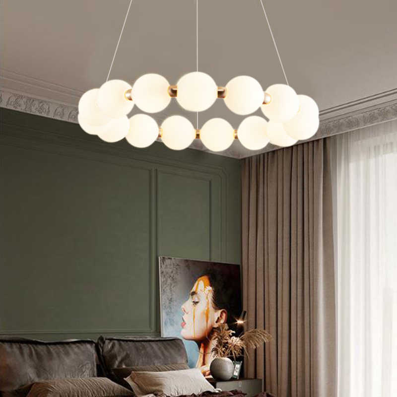 Plafonniers Lumière Luxe collier de perles anneau boule de verre blanc led plafond lustre français salon chambre lampe 0209