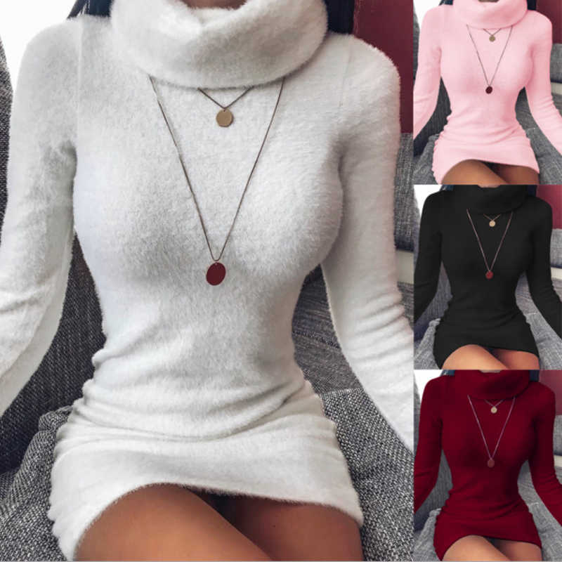 Casual Kleider Herbst Winter Lose Tunika Stricken Pullover Pullover Gestrickte Rollkragen Langarm Kleid Frauen Y2302