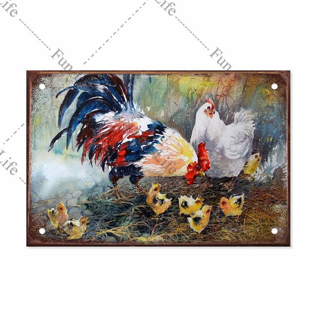 Poulet Affiche Vintage Métal Peinture Étain Signes Plaque Coq Poule Oeuf Rétro Plaque Bar Pub Ferme Maison Mur Décor 20x30 cm Woo