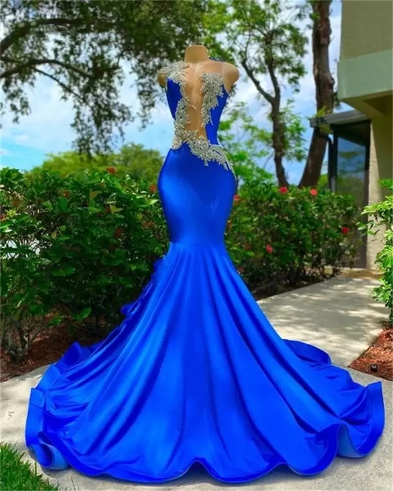 Royal Blue O Neck Long Prom Dresses For Black Girls 2023 Appliques Birthday Party Dress Mermaid Evening Gowns Robe De Ball Gall GW273j