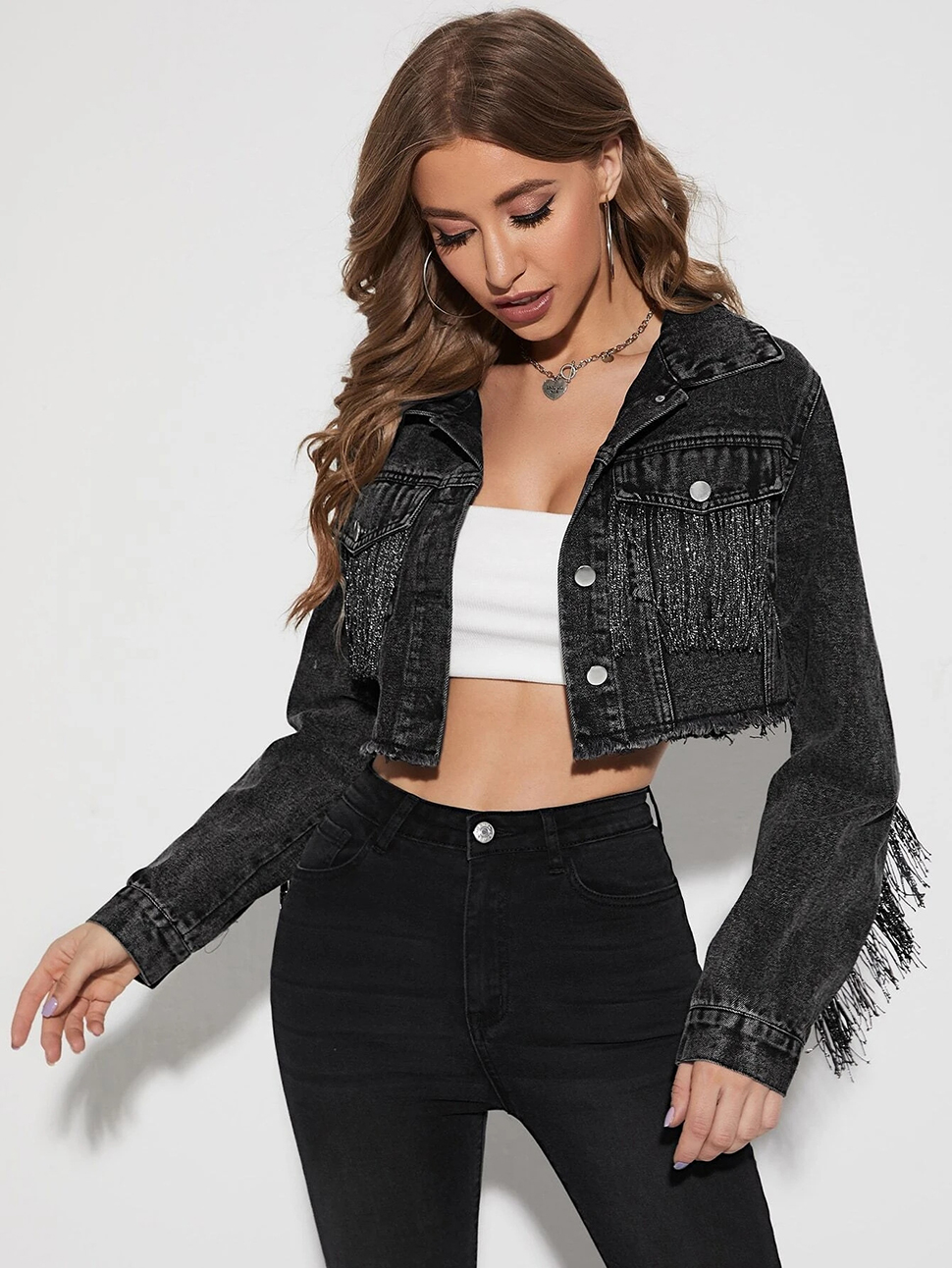 Women Fringe Jackets Slim Lapel Neck Crop Denim Jacket Tassel Casual Button Front Jean Jackets Short