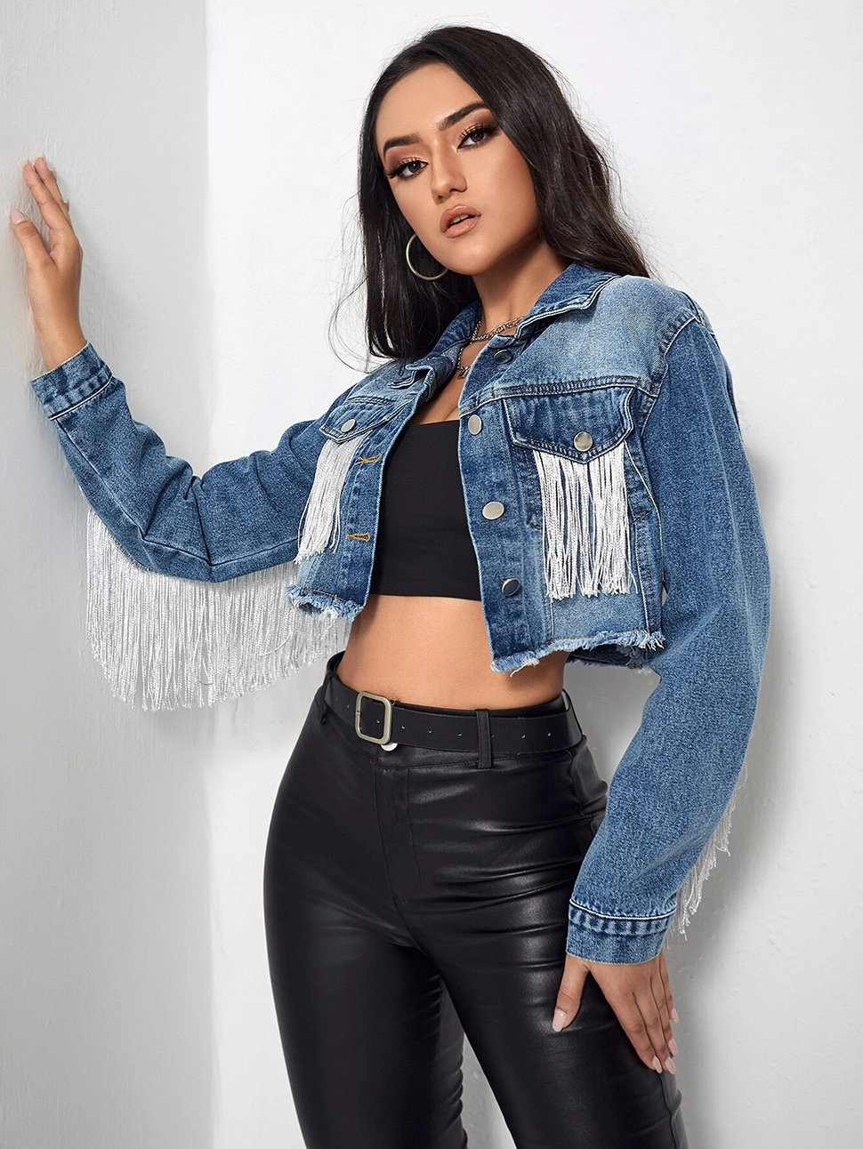 Women Fringe Jackets Slim Lapel Neck Crop Denim Jacket Tassel Casual Button Front Jean Jackets Short