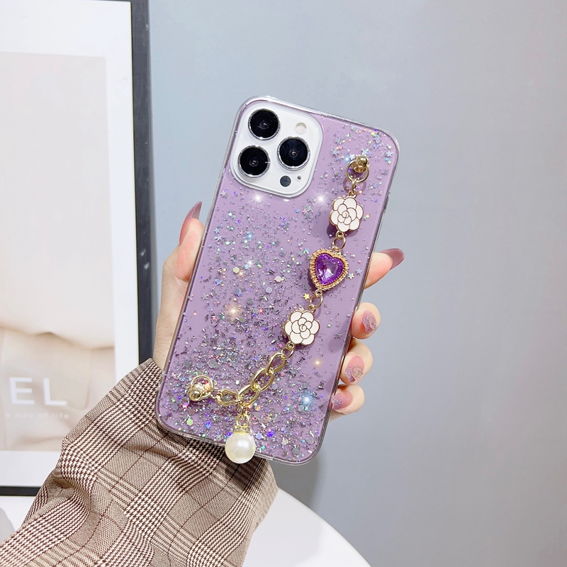 Bling Glitter Avec Poignet Chian Strap Cas Pour Samsung S22 Ultra Plus A13 A04 A14 A54 M53 M33 A23 A73 A53 A33 A03 Core A13 Fleur Coeur Perle Feuille Paillettes Doux TPU Couverture Arrière