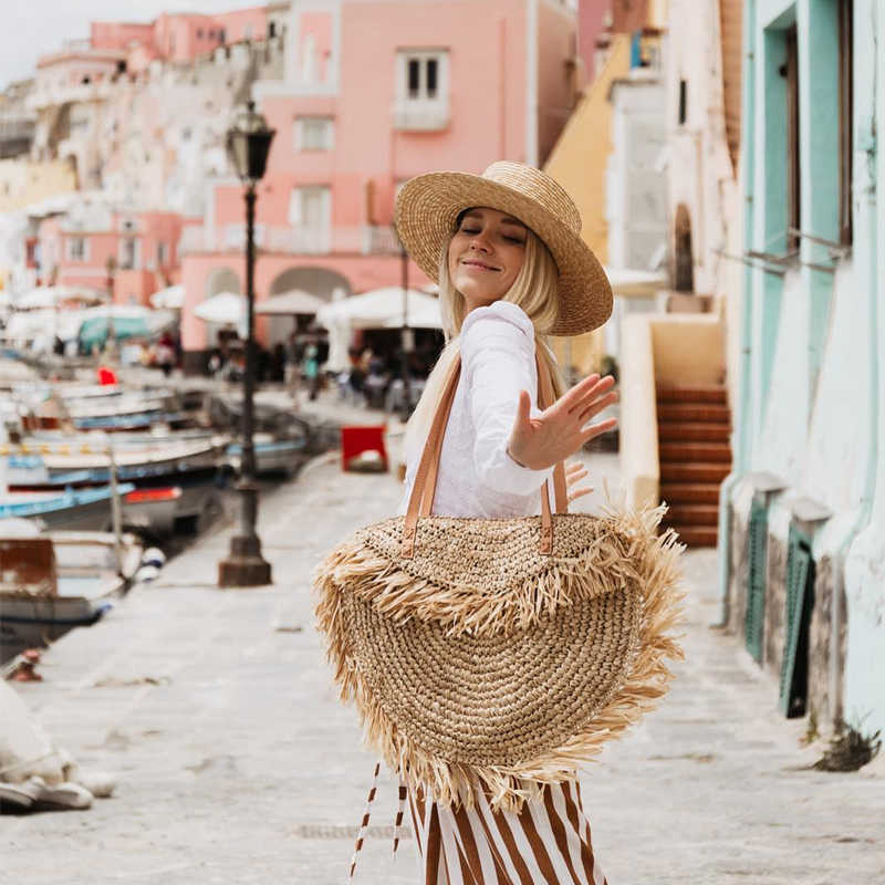 Bakkenzakken Eenvoudige kwastje strooien schoudertas dames ontwerp handtas bohemian ronde geweven grote capaciteit tote zomers strandreizen shopper portemonnee 230210