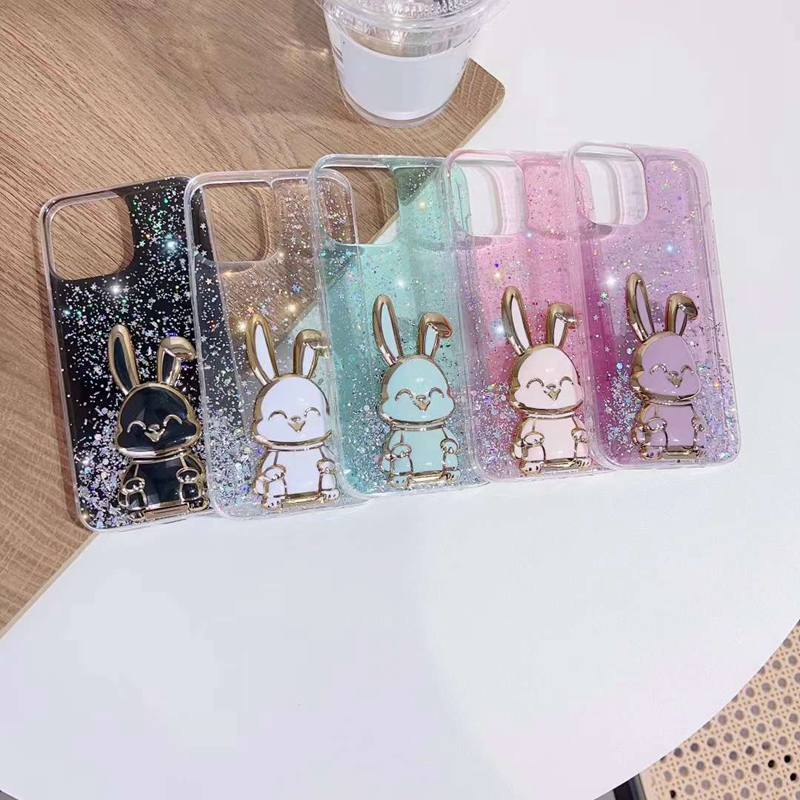 Luxury 3D Rabbit Holder Bling Glitter Cases For Iphone 15 Plus 14 Pro Max 13 12 11 XR XS X 8 7 6 Cute Lovely Animal Soft TPU Foil Sequin Confetti Drop Glue Kickstand Cover