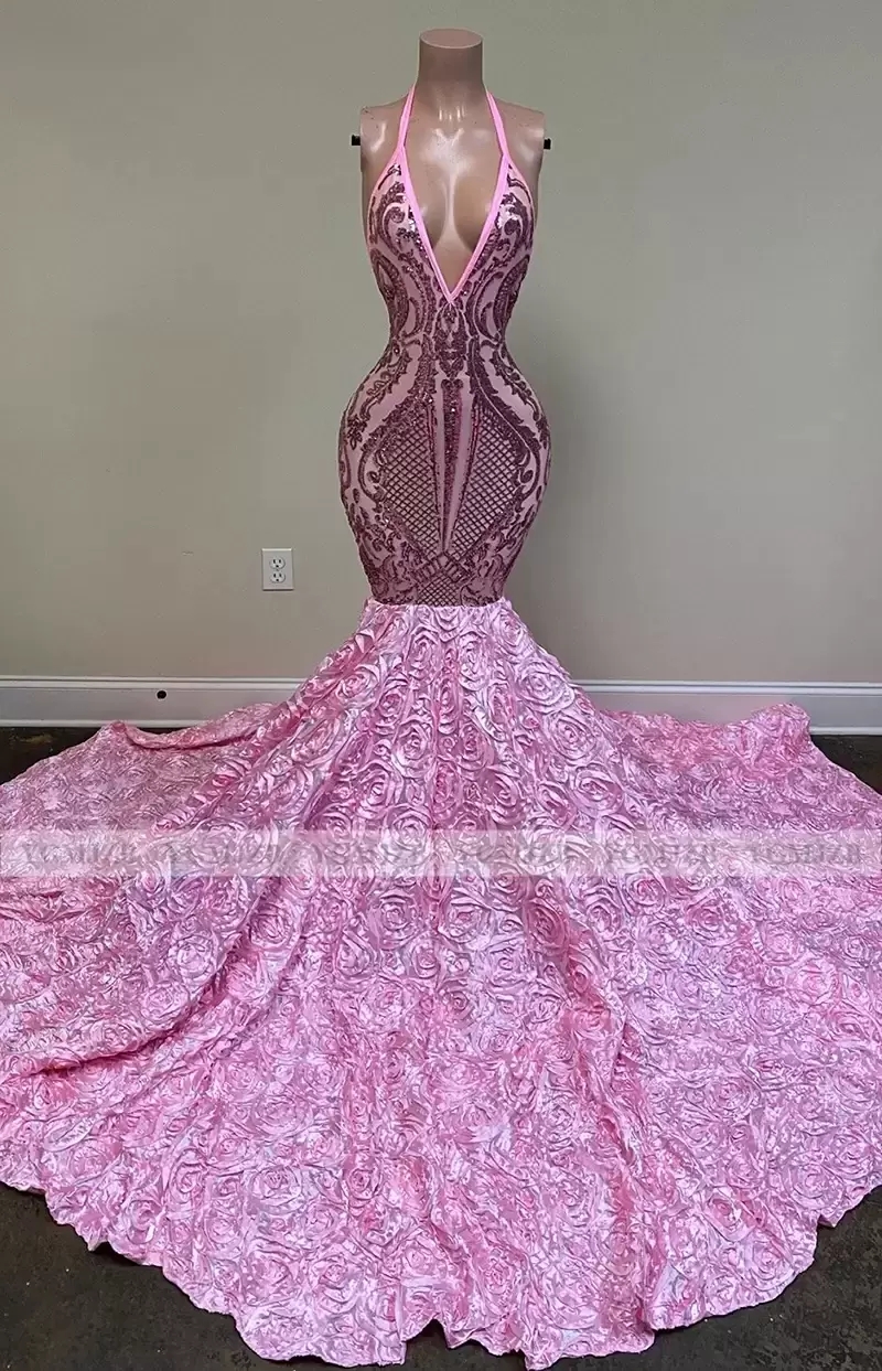 2023 Pink Long Prom -jurken Mermaid Zwarte Girls Sexy Backless Halter 3D Flowers African Women Formal Evening Party BC15100 GW0210