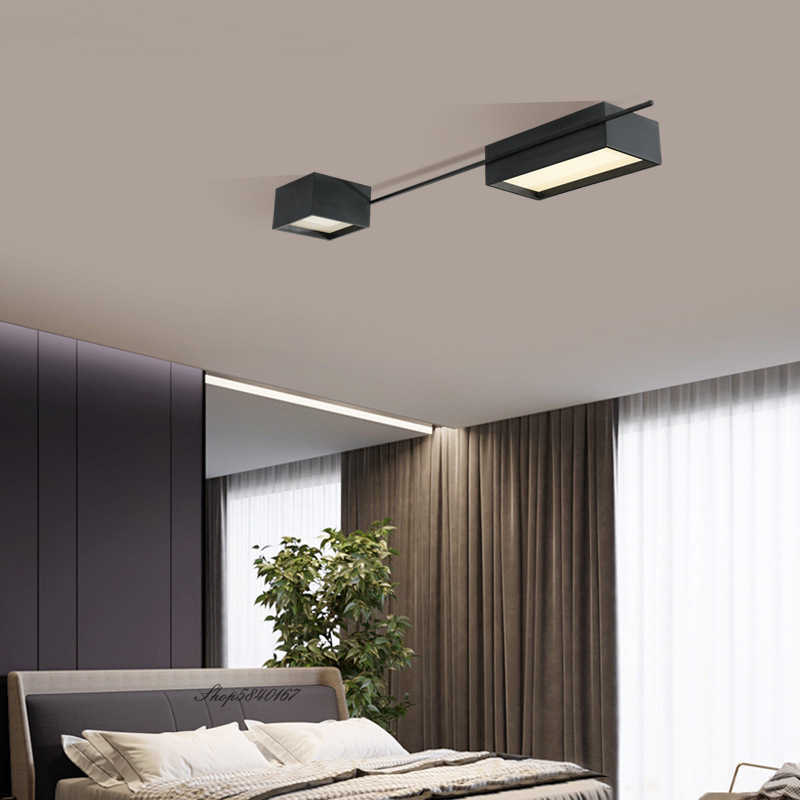 Noordse LED -verlichting Geometrische vierkante Zwart plafondlamp Living Decoratie Bedkamer Lichten Designer Hanglamp 0209