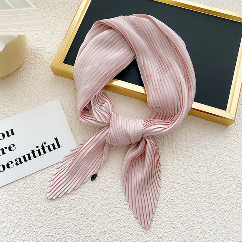 New Women Silk Pleated Scarf Solid Neck Scarfs Female Bandana Shawl Fashion Small Neck Scarves Lady Hair Band Neckerchief