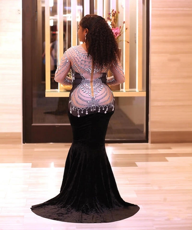 Luxury Plus Size Black Prom Dresses 2023 High Neck Long Sleeves Crystal Mermaid Party Gowns Vestidos De Ocasion Formales