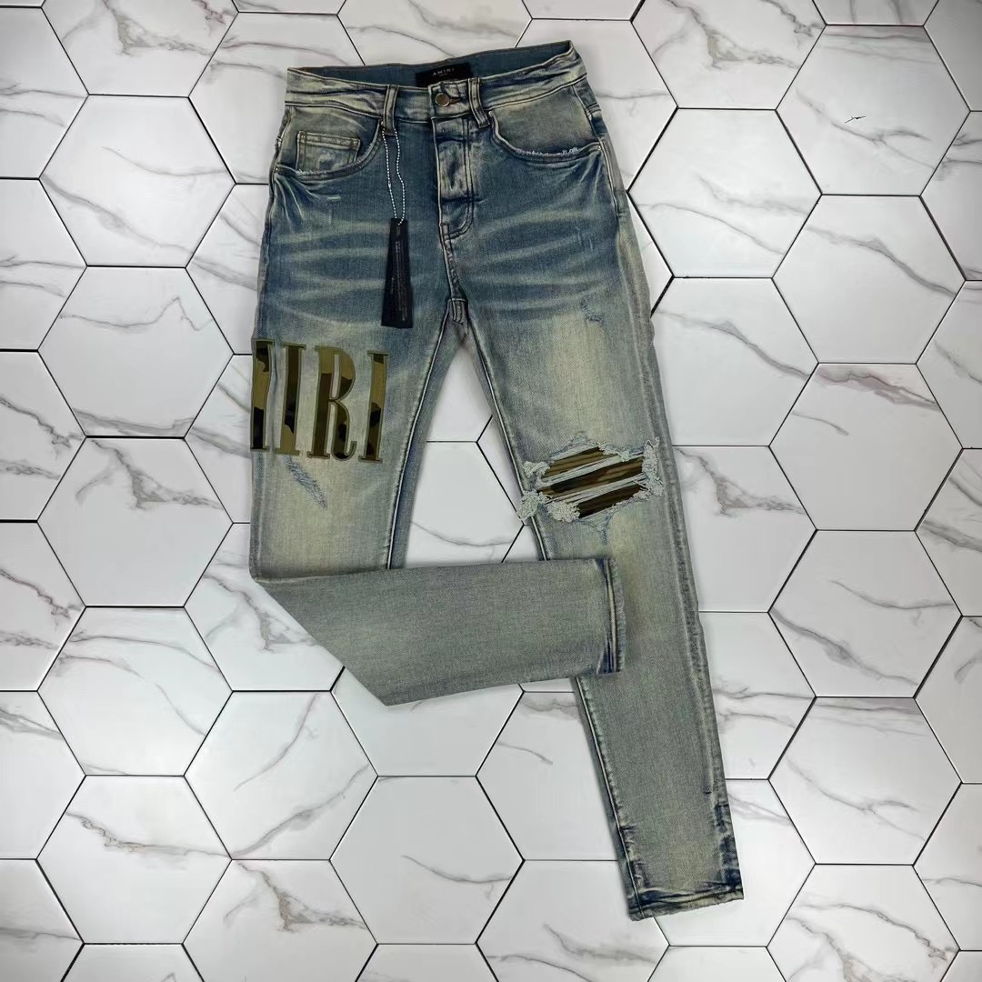 Herrenjeans Designer HM591 Slim Jeans Distressed Denim Weiße Lederhose mit Löchern Buchstaben zerrissen zerfetzt Knie zerrissen dünn gerades Bein Größe 28-40 lang 2023