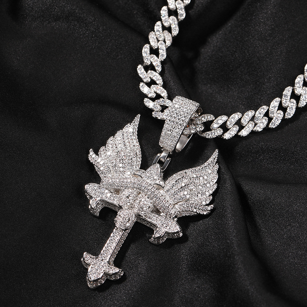 Colar de ouro do hip hop masculino Angel Wings Cross Colar Sweater Chain Charn Jewelry