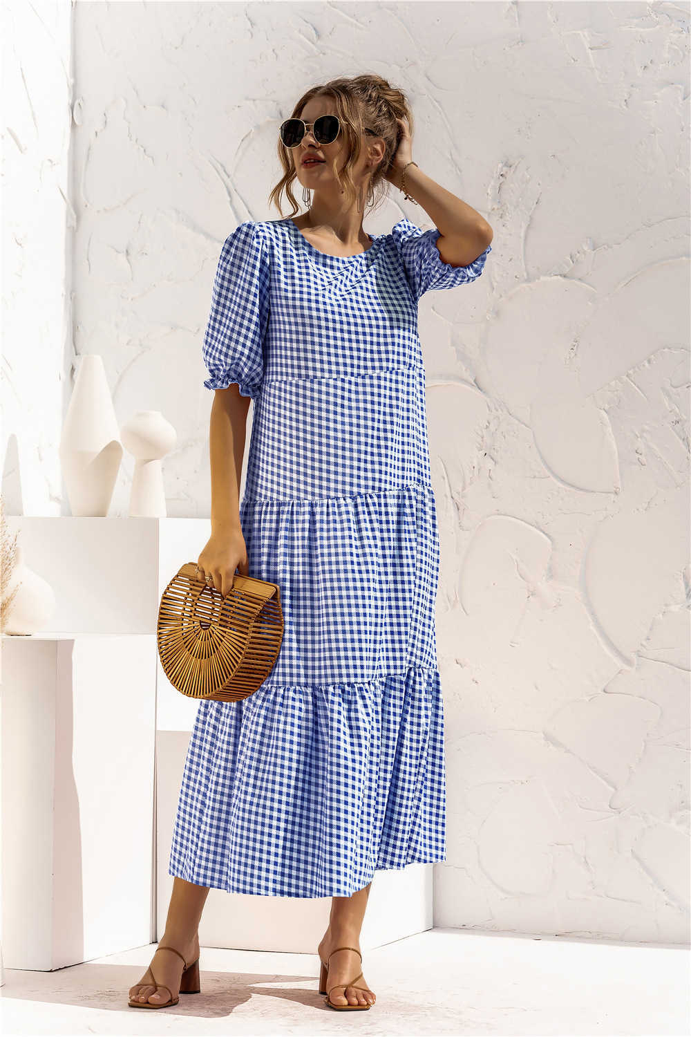 Casual Dresses Summer Polka Dot Plaid Print Robe Maxi Dress Women Elegant Puff Sleeve Casual Patchwork Loose Holiday Party Long Vestidos T230210