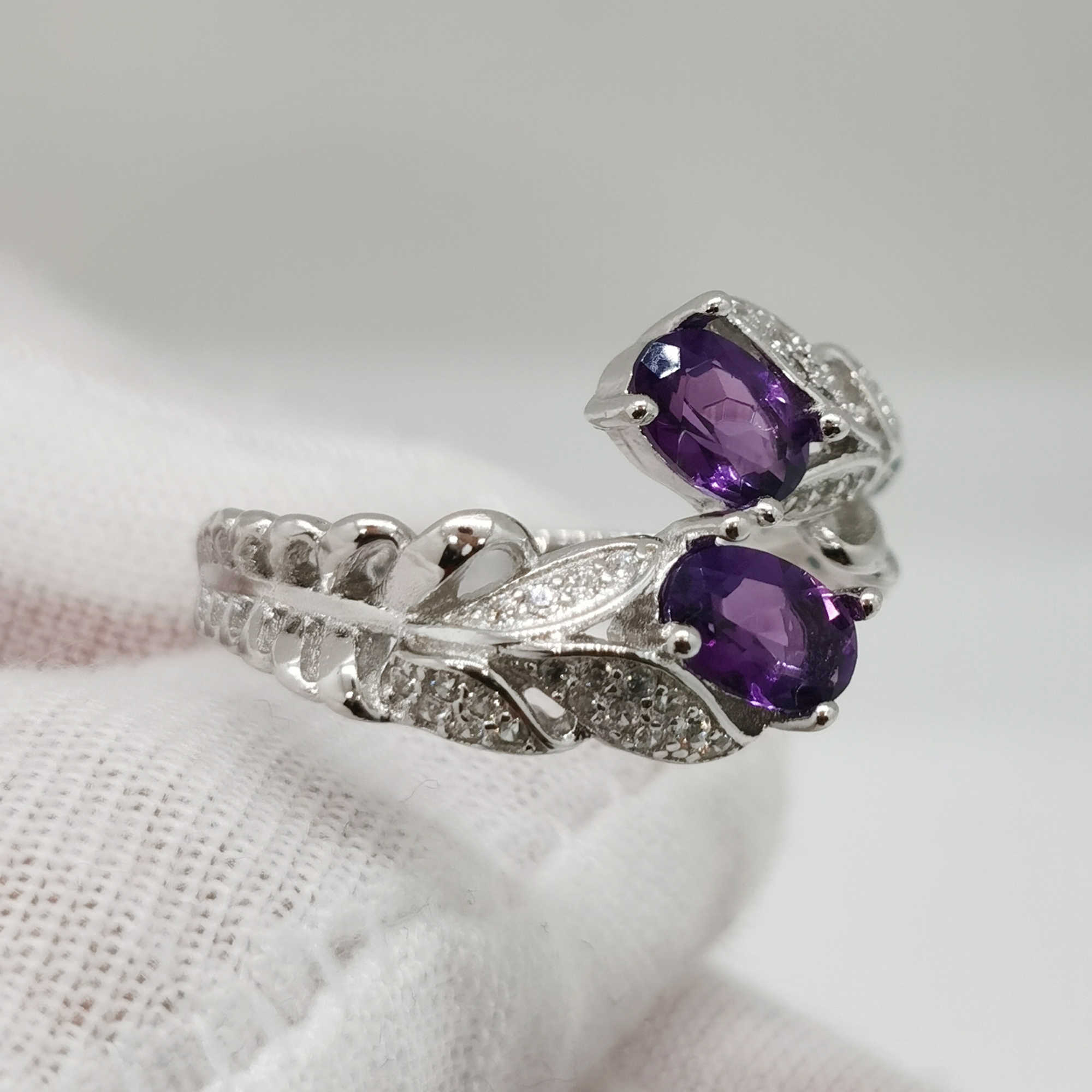 Solitaire Ring Real Amethyst Silver 총 1CT 4mm*6mm VVS 등급 보석 패션 925 Open Y2302