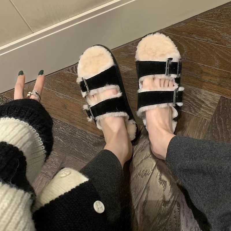 Sandaler 2022 Ny päls Inside Cork Slipper Autumn Winter Women Casual nubuck läder utanför spänne mjuka plyschar sko Mujer T230208