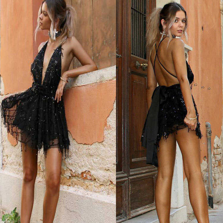 Casual Dresses Sequin Backless Bandage Summer Dress Bodycon Women Sexig nattklubb Party Mini Dress Black Bandage Deep V Neck Dresses Vestidos T230210
