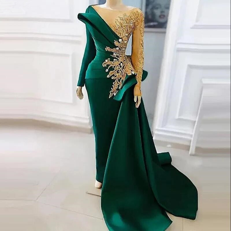 아랍어 ASO EBI Mermaid Prom Dresses Hunter Green Gold Appliqued Lace Beaded Sheer Long Long Sleeves Evening Gowns Peplum Train