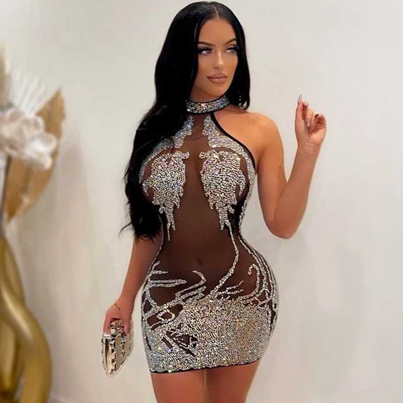 Sıradan Elbiseler Mesh Sheer Sexy Party Elbise Kadınlar için Parti Kulübü Gecesi Mini Bodycon Elbise Lüks Rhinestone ışıltılı doğum günü elbisesi T230210