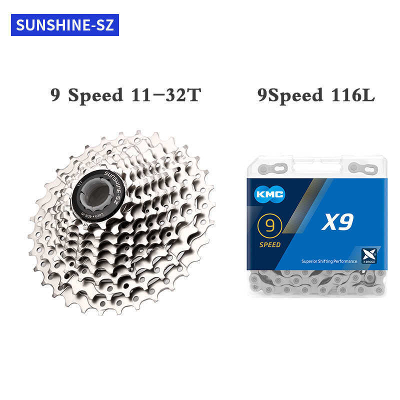 S Sunshine 9 Speed ​​Cassette KMC Set 9V MTB Bicycle Freewheel med cykelkedja för Shimano // AVID 0210
