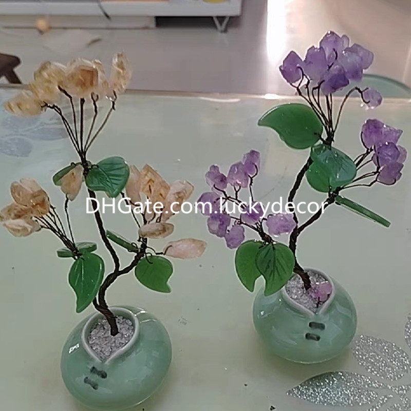 Surowy ametyst cytrynowy kamień drzewa pamiątki domowe Prezent miedziany leczenie szorstkie kryształowy kwarc Kamień Bonsai Tree of Life Ornament do dekoracji biurka feng shui