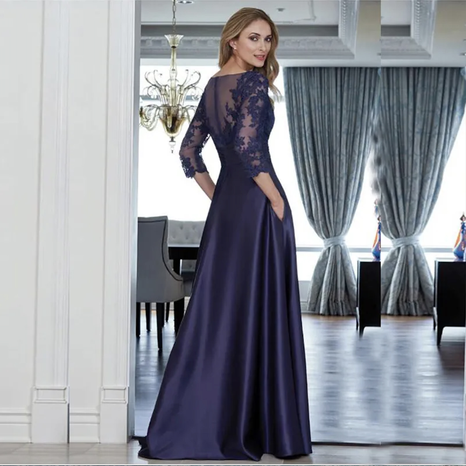 Elegant Long Mother Of The Bride Dresses With Pockets Dark Navy Lace Applqiue Half Sleeves A Line Floor Length Women Wedding Party Gowns Plus Size Evening Wear