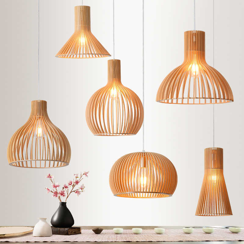 Lights Wood Cage Bedside Ceiling Pendant Lamps E27 Holder Fixture Dining Table Decoration Timber Lighting Modern Chandeliers 0209