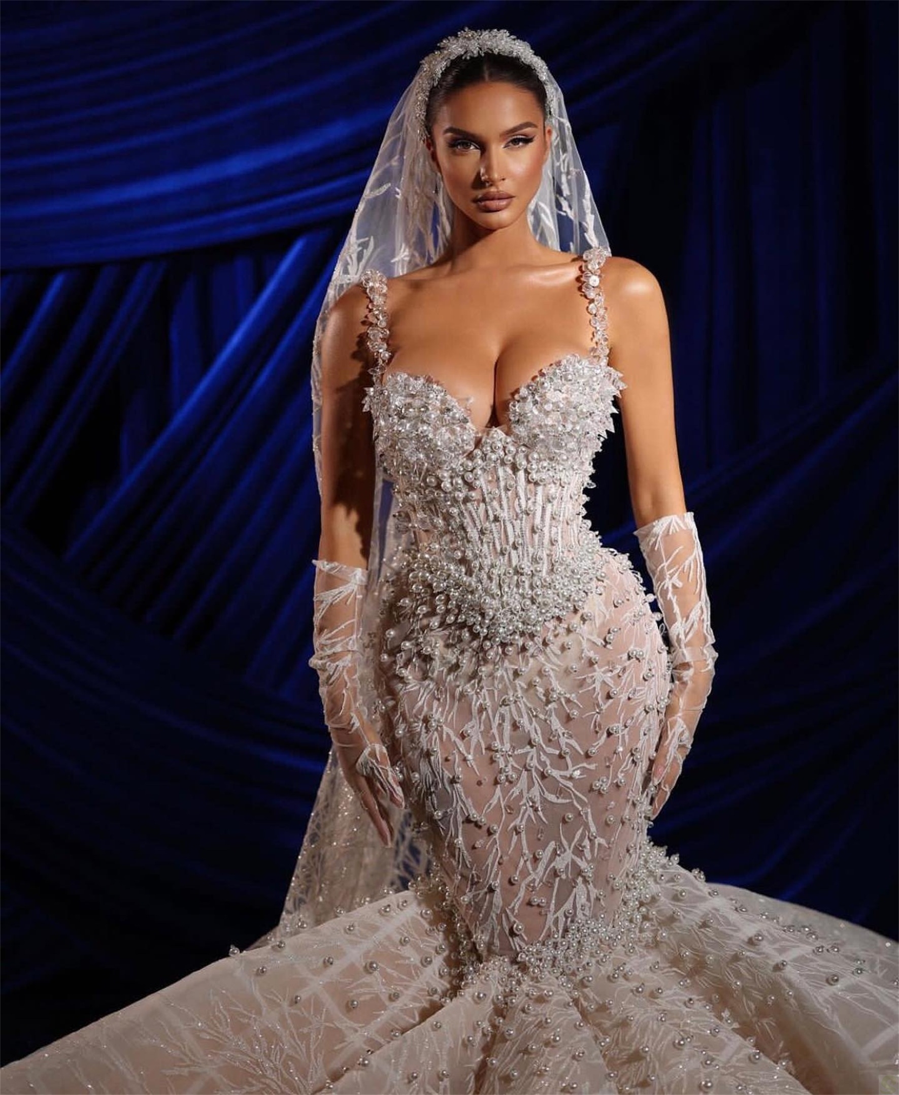 Vestido de novia de sirena con perlas de lujo, a medida, con cuentas, tirantes finos, encaje, vestidos de novia con volantes, tren de barrido, vestidos de novia