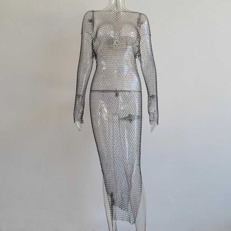 Lässige Kleider, glänzendes Strass-Gitter, langes Kleid für Damen, sexy, durchsichtig, lange Ärmel, Netz-Seitenschlitz, lange Kleider, schickes Sommer-Strand-Cover-Up, T230210