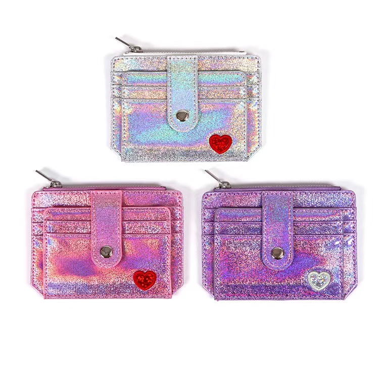 Laser CC Wallet PU Purse Card Holder Heart Embroidery Ladies Zipper Buckle Coin Purse Mini Wallet Cute For Visa Credit Card