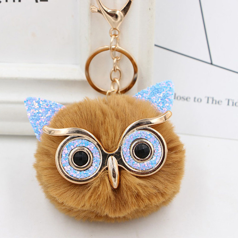 Keychains Fluffy Rabbit Fur Owl Pompom Ball Animal Tail Hair Ball Keychain Keyring Car Key Ring Charm Women Bag Pendant Decor