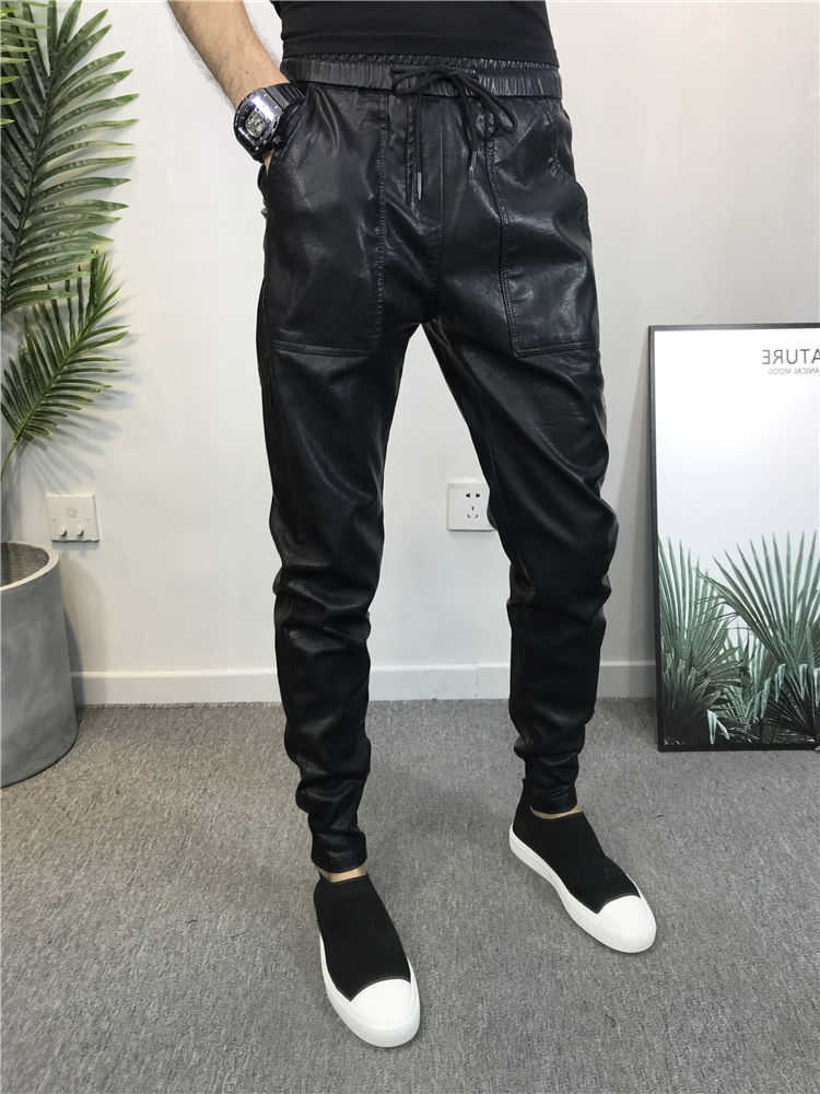 Pantalon homme Streetwear Hip hop hommes Skinny Faux cuir grande taille Biker Harem pantalon Joggers noir Y2302