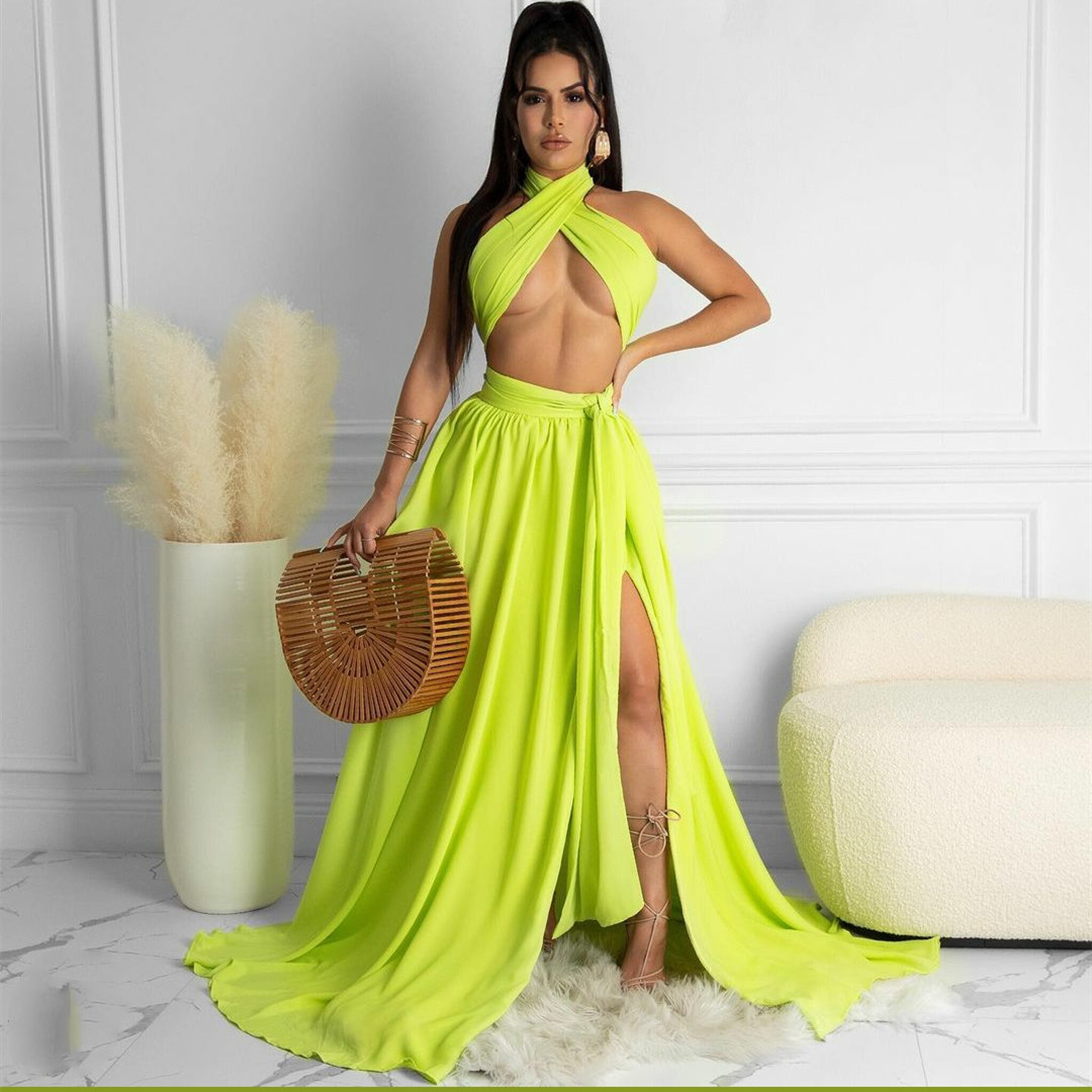 Long Two Pieces Chiffon Evening Dresses Halter Lime Prom Gowns Robes de soiree Sweep Train Party