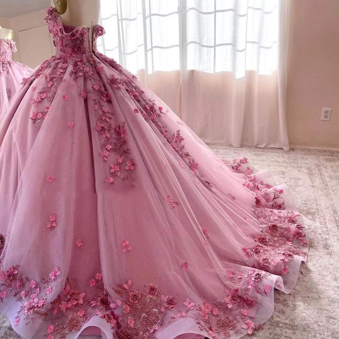 New Pink Quinceanera Dresses 3D Appliques Beading Sequin Sweetheart Handmade Flower Ball Gowns Vestidos De Fiesta