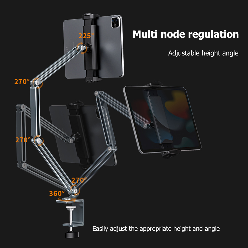 360 Adjustable Mounts Holders Tablet Stand for 4'' To 12.9'' Mobile Phones Tablets Lazy Arm Desk Mount Aluminum Alloy Portable Reusable Household Dorm Tablet Bracket