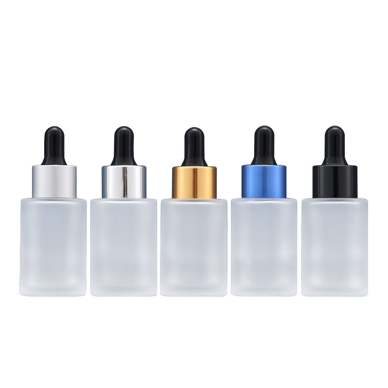 30ml Empty Round Frost Glass Dropper Bottle Cosmetic Packaging Reffillable Container Colorful Ring Lid Black White Rubber Top Protable Essential Oil Vials