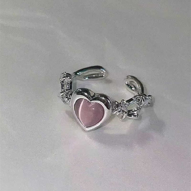 Solitaire Ring Moda Kalp Kedi Göz Şeftali Ayarlanabilir Kadınlar Tasarım Premium S düğün Partisi Takı Hediyesi Y2302