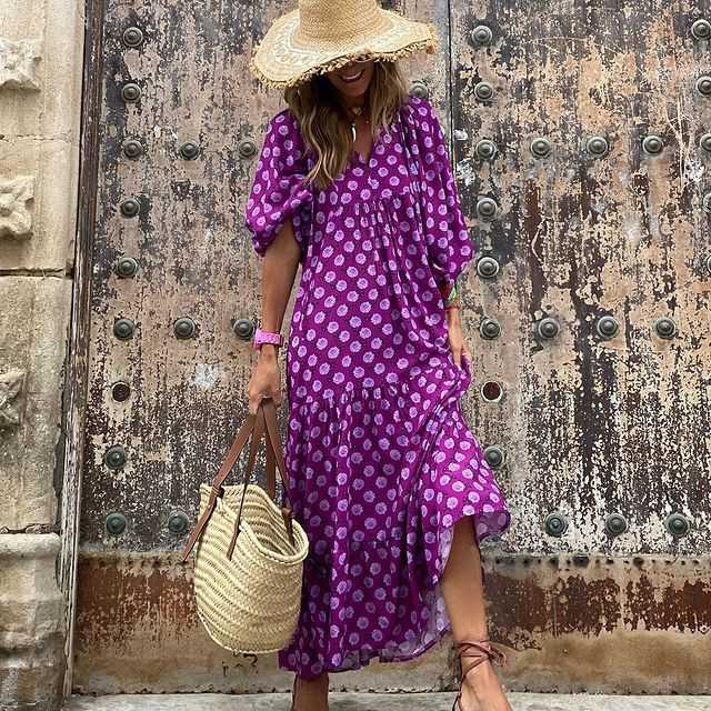 Robes décontractées 2022 Été Boho Longue Robe Femmes Floral Imprimer Manches Bouffantes Lâche Maxi Robes Élégant Col En V Fête De Vacances Plage Dr263Z