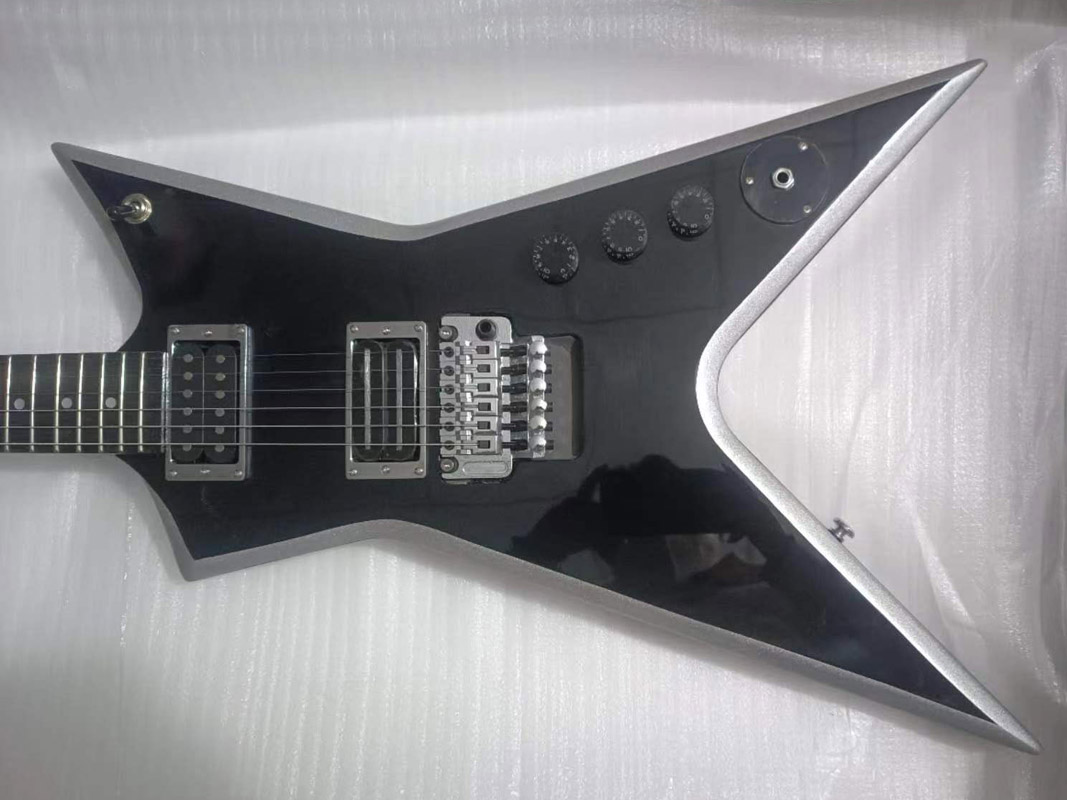 Guitarra el￩ctrica personalizada, cuerpo negro de c￭rculo plateado, cuerpo de caoba con guitarra de puente Floyd