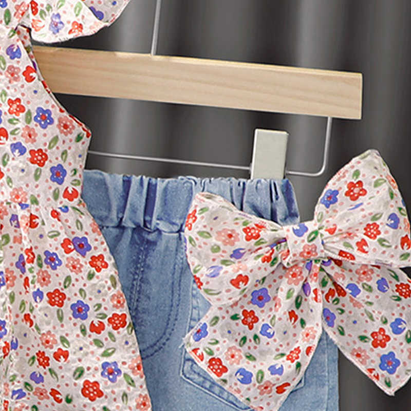 Summer Baby Girls Zestawy odzieży Dzieci Kwiat Latający Kamizelka i urocze łuk dżinsowe stroje Niemowlę Sling Suits Y