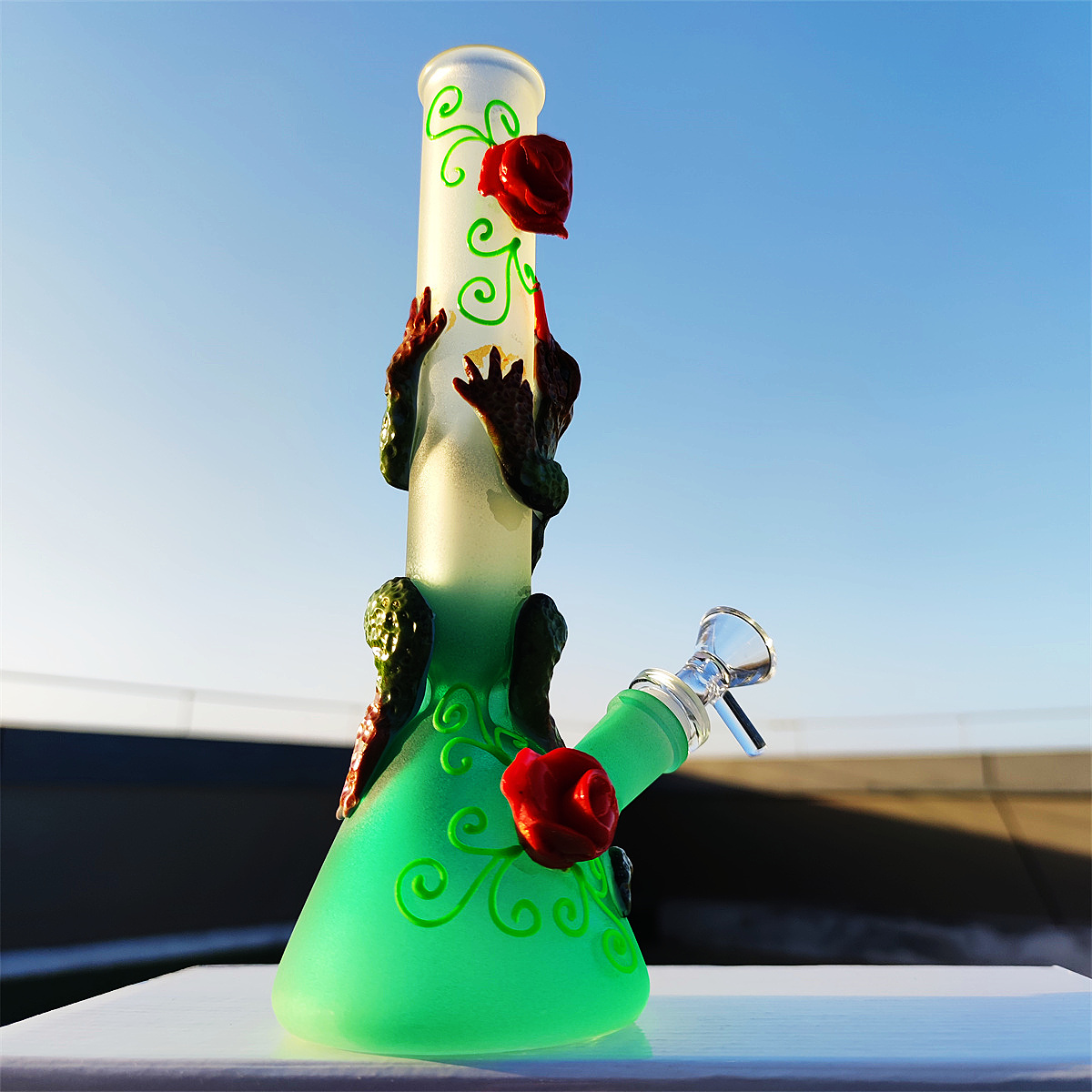 10 Inch Glass Bong Water Pipe 3D Animal Lizard Roses Blue&Purple&Green Dab Rig Hookah Smoking Bubbler 14mm Bowl&Stem